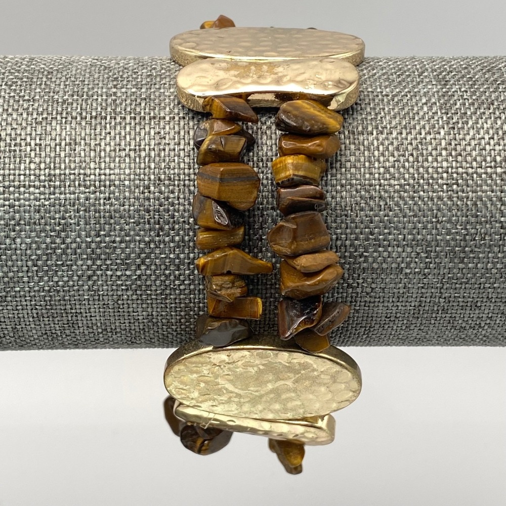 Vintage Stretch Bracelet Gold Tone Hammered Metal Tigers Eye Stone Brown